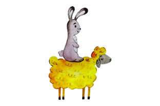 Bunny Riding a Sheep - Watercolor for Easter
