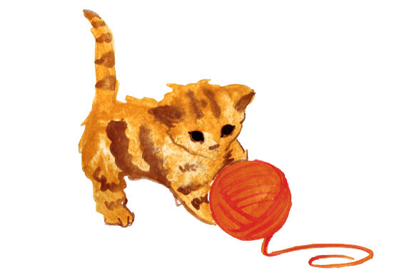 Cat Playing with Ball of Yarn in Watercolor Style and Cats