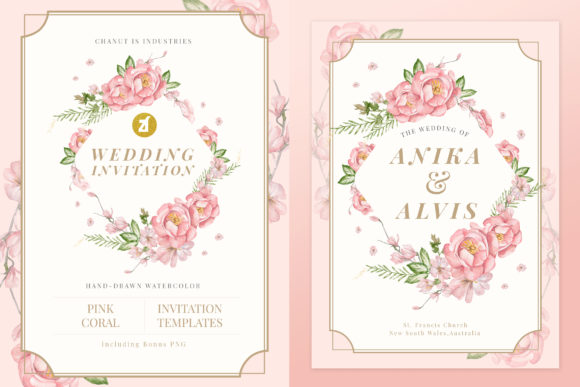 Coral Pink Wedding Invitation Graphic and Print Templates