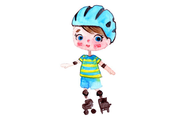 Kid Rollerskating in Watercolor Kids