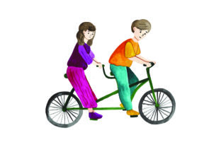Man Woman Riding Tandem Bicyle - Watercolor