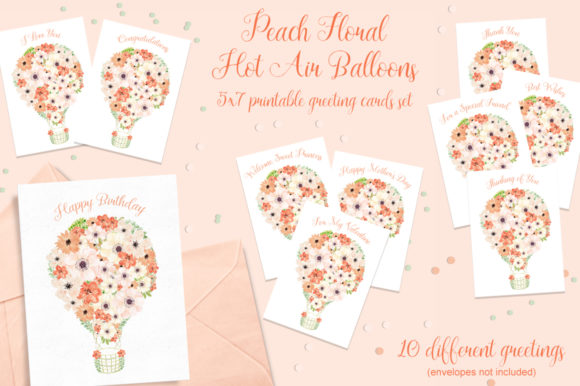 Peach Floral Hot Air Balloons Cards Set