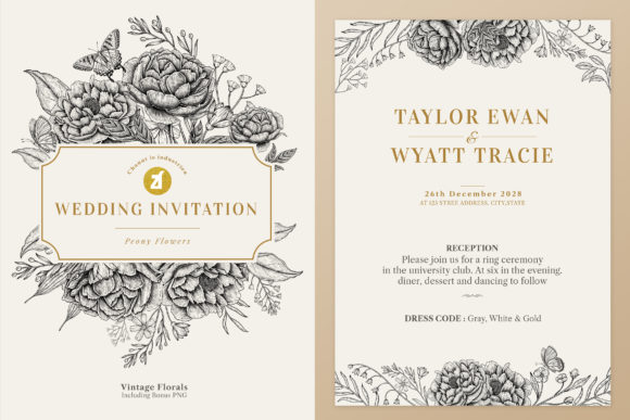 Peony Vintage Wedding Invitation Graphic and Print Templates