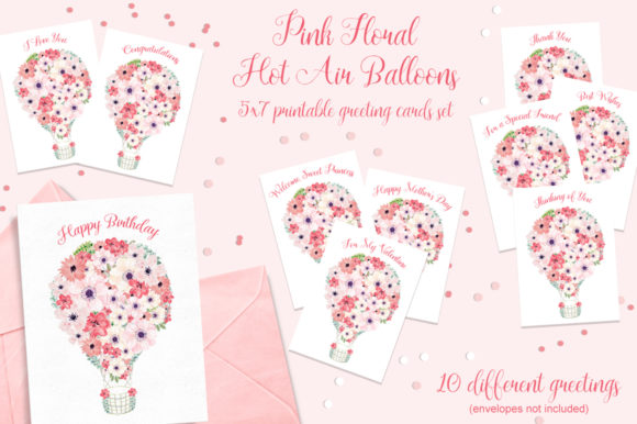 Pink Floral Hot Air Balloon Cards Set for Crafts