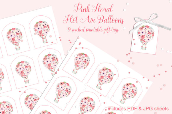 Pink Floral Hot Air Balloons Tags Set for Crafts